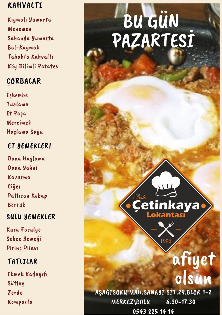 Pazartesi Menüsü

#bolu #etlokantası #çorba #esnaflokantası #bçl
