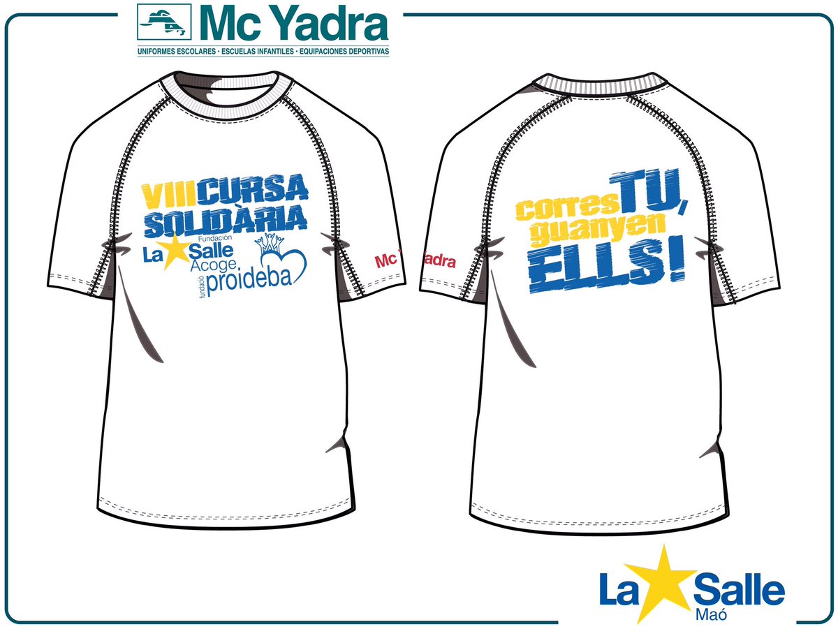 LaSalleMao's tweet photo. Us presentem la nova camiseta de la VIII edició de la Cursa Solidària de La Salle, a favor de les ONG - fundacions #lasalleacoge i #proideba, pel dia 29 de març 2020.
Animau-vos a participar!!! Perquè "corres tu, però guanyen ells!" #imagina #solidaris #somlasalle #miramésenllà https://t.co/ZYyhnsbikH
