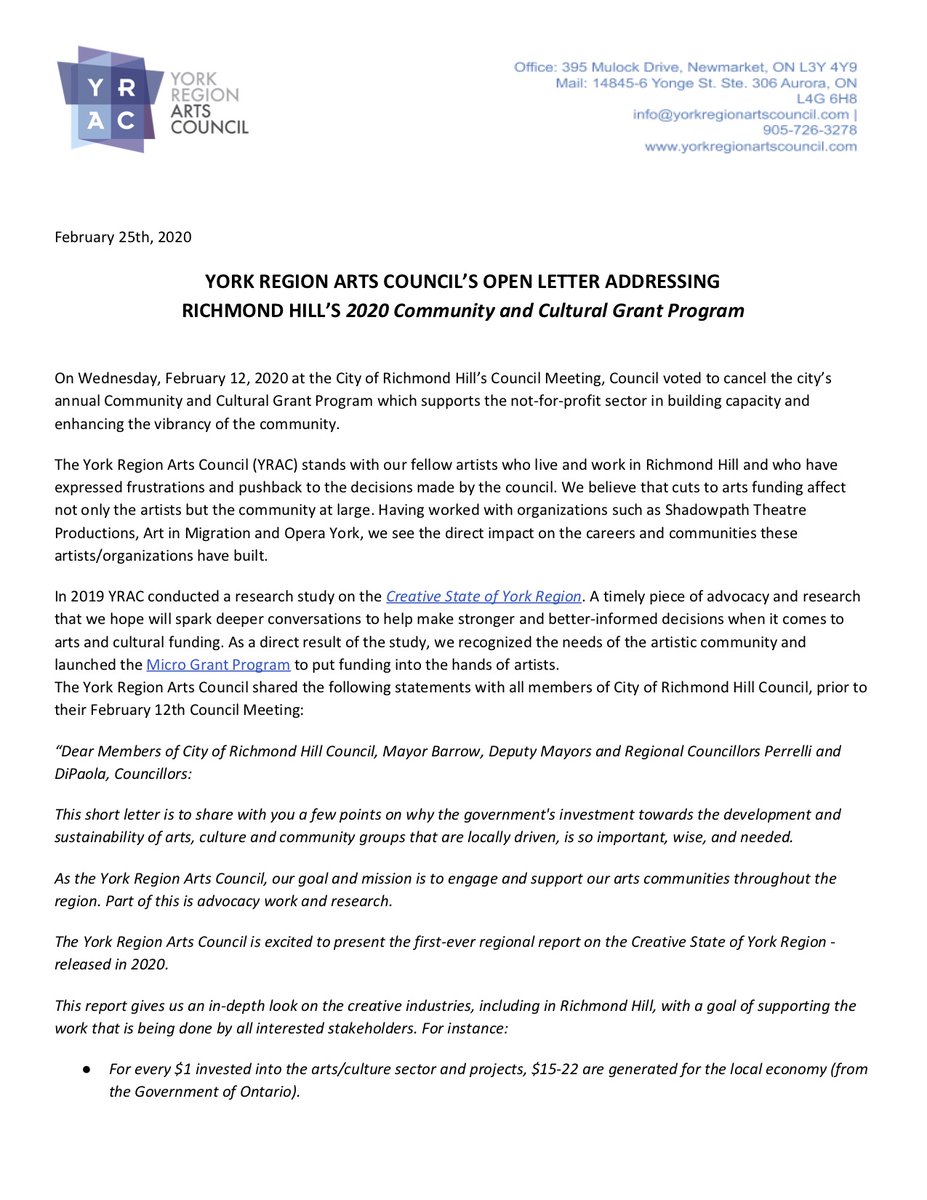 YorkRegionArts's tweet photo. @YorkRegionArts Open letter addressing #RichmondHill's 2020 Community &amp; Cultural Grant Program decision. 
@myRichmondHill @mayorbarrow https://t.co/fwMc0Kw7Ui