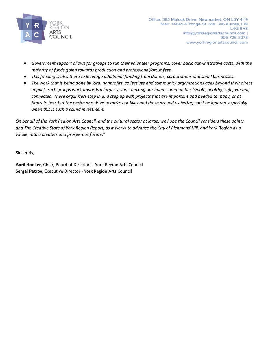 YorkRegionArts's tweet photo. @YorkRegionArts Open letter addressing #RichmondHill's 2020 Community &amp; Cultural Grant Program decision. 
@myRichmondHill @mayorbarrow https://t.co/fwMc0Kw7Ui