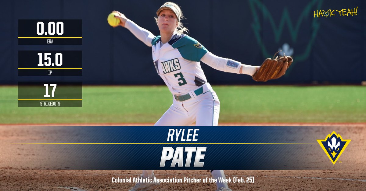 UNCWsoftball's tweet photo. HAWK YEAH!! @ryleepate7 Named @CAASports Pitcher of the Week

📝: https://t.co/BluZpK0oXt

#HawkYeah https://t.co/ffYj9tWc7h