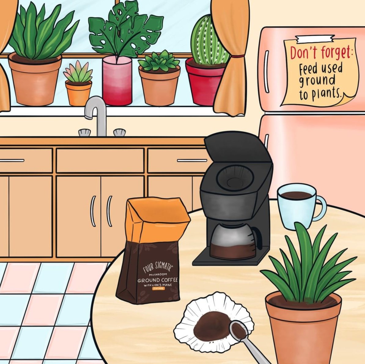 Do you know the benefits of adding used coffee grounds to the soil of our plants?
 -Acts as a fertilizer 
-Improves drainage, water retention &amp; aeration
-Helps microorganisms beneficial to plant growth
#foursigmatic #onshrooms #everydaymagic #plants #composting ✏️<a href="/letterpiece/">Josephine Ung</a>