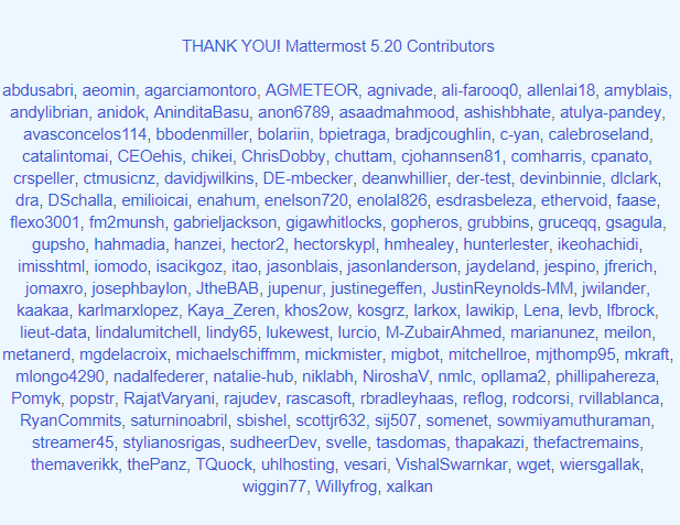 Mattermost's tweet photo. Huge THANK YOU! to all our contributors for Mattermost 5.20. #mattermost #mm520 #devops #sre #opensource https://t.co/gjepFUKV68 https://t.co/QnCNX2bZTN