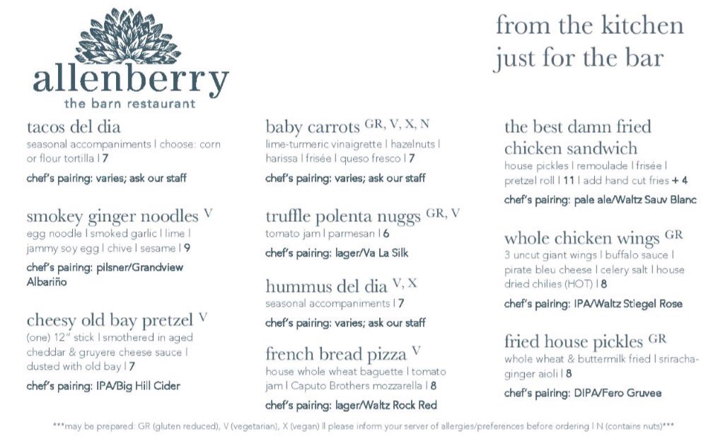 The Barn restaurant at <a href="/Allenberryrsrt/">Allenberry Resort</a> has a new bar menu and will be serving food off of it until 10:30 PM after evening performances! Come check out a show and enjoy one of two dining options on property! Dinner before or  a late night snack at the bar afterwords!