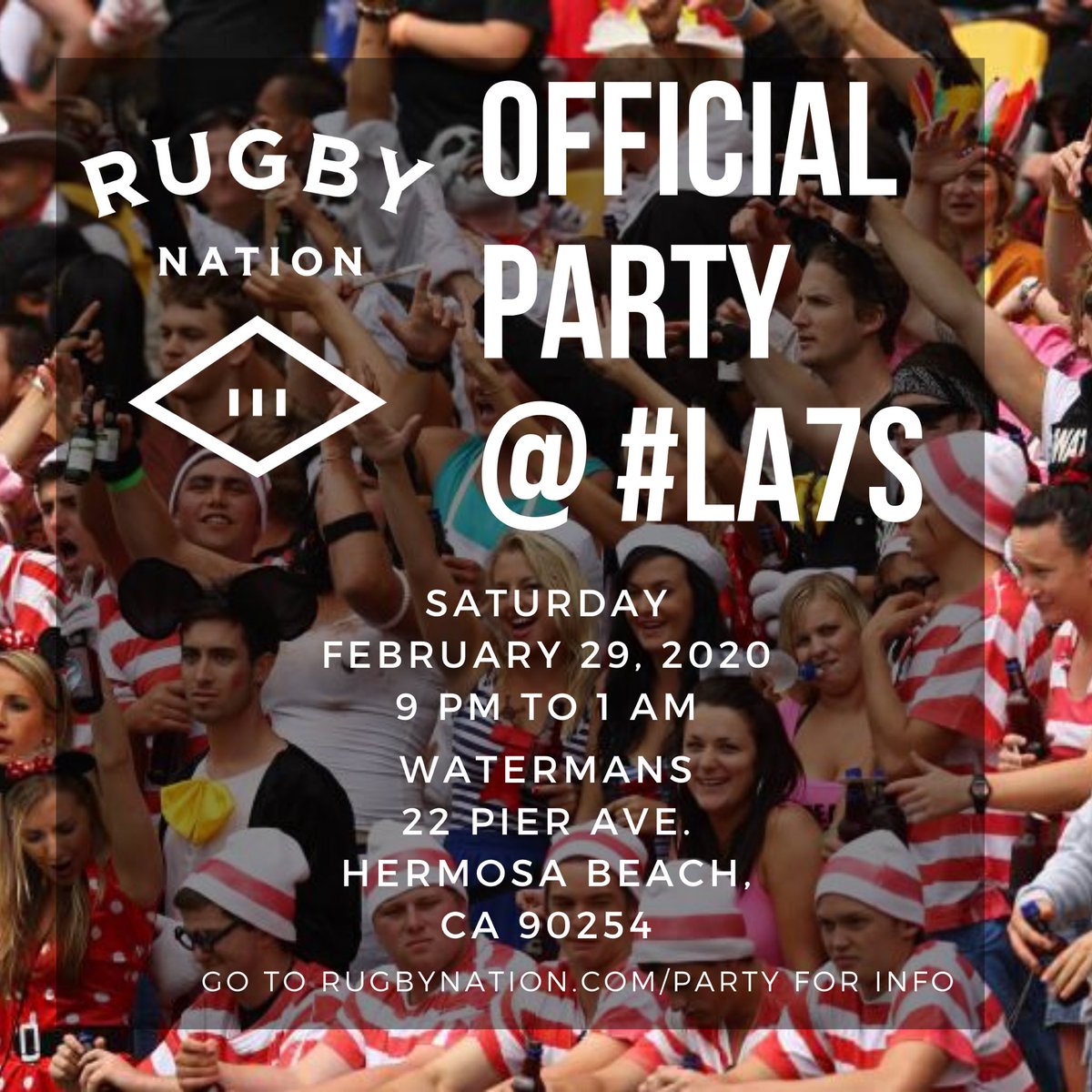 OFFICIAL
RUGBY NATION PARTY
@ #LA7s
SATURDAY NIGHT
•
Prize giveaways for best costumes &amp; other shenanigans.
•
RT
•
More info at RugbyNation.com/party
•
#rugby #la7s #lasevens #rugby7s #rugbysevens #rugbynation #rugbynationparty