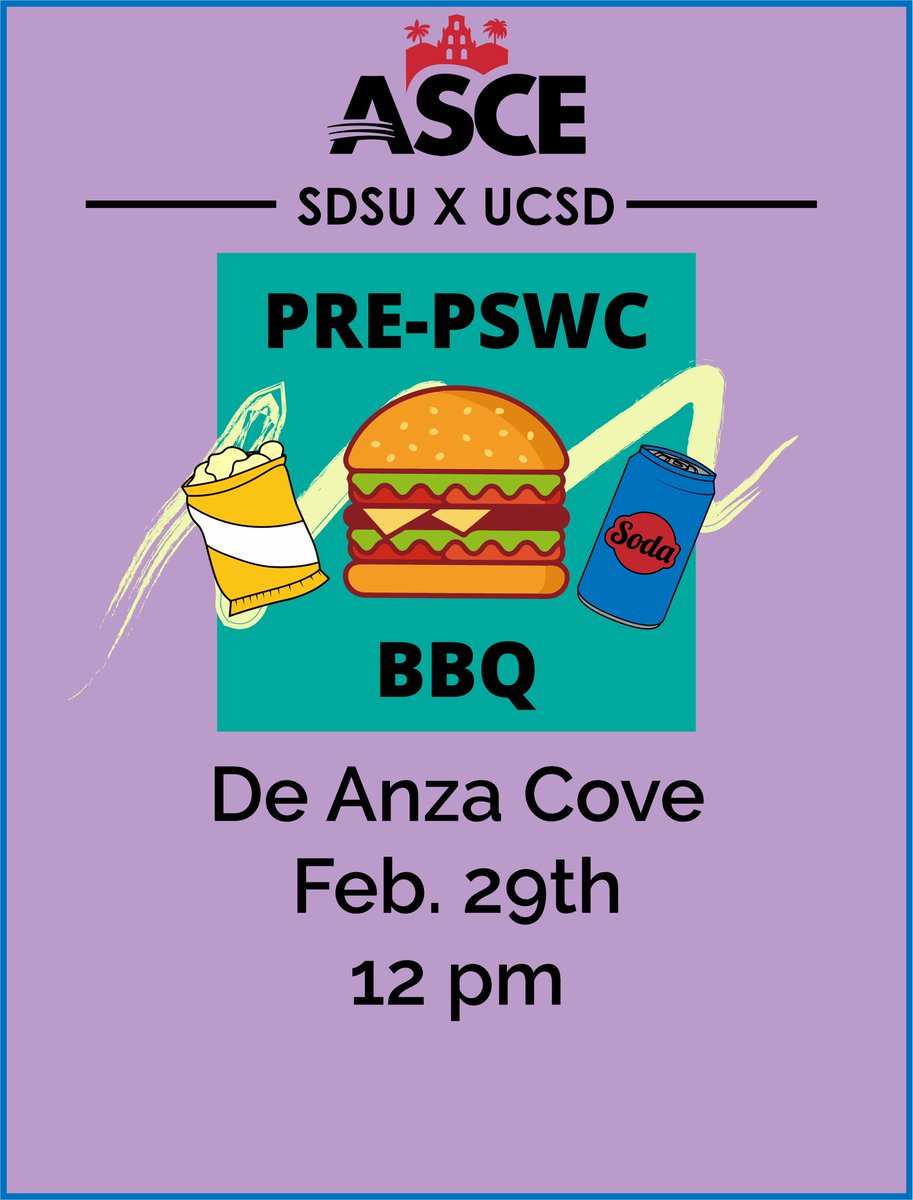 ASCE_SDSU's tweet photo. Join us this Saturday for our Pre-PSWC picnic with UCSD’s chapter. This Co-Hosted event will take place Saturday February 29th at 12 PM at De Anna Cove! https://t.co/6C6aqoKSpH