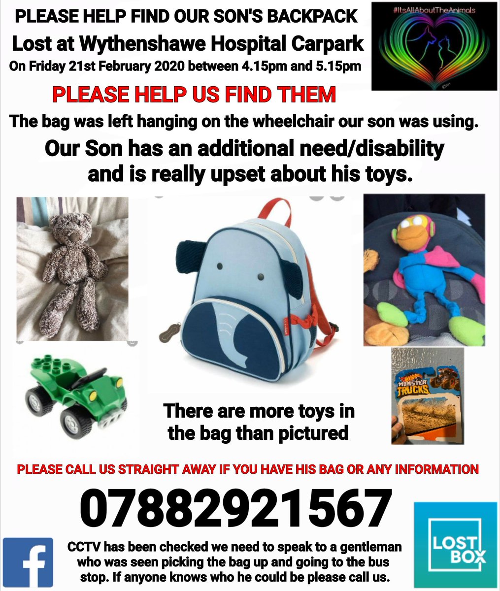 IAATA (@iaata2016) on Twitter photo Please #RT to #help this little boy get his backpack back. Lost <a href="/WythenshaweHosp/">Wythenshawe Hospital</a> xxxx <a href="/sammeegiles/">Samantha Giles (blue tick)</a> <a href="/MissGAtkinson/">Gemma Atkinson</a> <a href="/rosiedoc666/">Rosie Doc</a> <a href="/samyarwood89/">Samantha Yarwood</a> <a href="/JamesArthur23/">James Arthur</a> <a href="/Schofe/">Phillip Schofield</a> <a href="/hollywills/">Holly Willoughby</a> <a href="/MENnewsdesk/">Manchester News MEN</a> <a href="/GMPWythenshawe/">Wythenshawe Police (GMP)</a> <a href="/Wythenshawerep/">Wythenshawereporter</a> <a href="/wfm972/">Wythenshawe FM Radio (97.2FM), DAB & Smartspeaker</a> <a href="/WythenshaweTC/">Wythenshawe Town Centre</a> <a href="/wythenshawepark/">wythenshaweparkrun</a> <a href="/ManUtd/">Manchester United</a> Please #RT to #help this little boy get his backpack back. Lost <a href="/WythenshaweHosp/">Wythenshawe Hospital</a> xxxx <a href="/sammeegiles/">Samantha Giles (blue tick)</a> <a href="/MissGAtkinson/">Gemma Atkinson</a> <a href="/rosiedoc666/">Rosie Doc</a> <a href="/samyarwood89/">Samantha Yarwood</a> <a href="/JamesArthur23/">James Arthur</a> <a href="/Schofe/">Phillip Schofield</a> <a href="/hollywills/">Holly Willoughby</a> <a href="/MENnewsdesk/">Manchester News MEN</a> <a href="/GMPWythenshawe/">Wythenshawe Police (GMP)</a> <a href="/Wythenshawerep/">Wythenshawereporter</a> <a href="/wfm972/">Wythenshawe FM Radio (97.2FM), DAB & Smartspeaker</a> <a href="/WythenshaweTC/">Wythenshawe Town Centre</a> <a href="/wythenshawepark/">wythenshaweparkrun</a> <a href="/ManUtd/">Manchester United</a>
