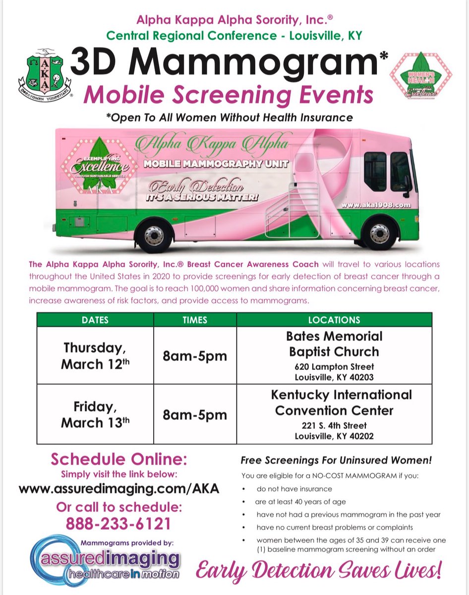 Service to ALL mankind! 

The Alpha Kappa Alpha Sorority, Inc. Mammogram bus will be in Louisville, Kentucky March 12 &amp; 13 for free mobile screenings for women in the area. 

Open to ALL women with low income and those without health insurance.