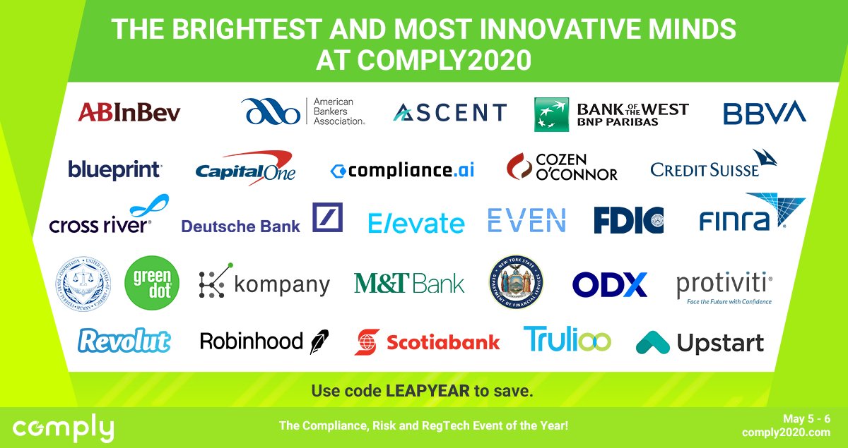 The illustrious #COMPLY2020 speaker lineup is full of the industry's brightest and most innovative minds from leading companies. 

For this week only, buy 2+ tickets for just $1,129 each! Use code LEAPYEAR bit.ly/2wItHzN