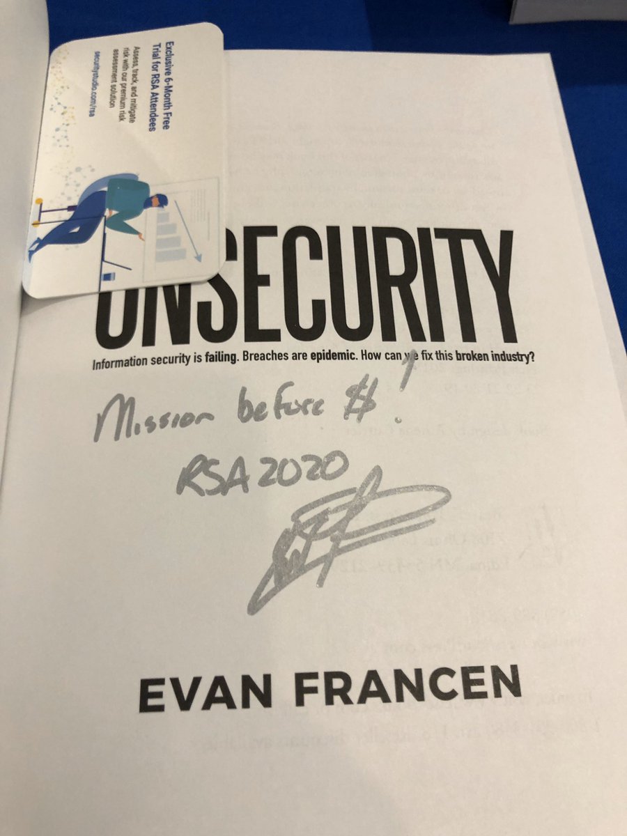 evanfrancen's tweet photo. Signing books (lots of them) at RSA/#RSAC! What do you think of the message @Sidragon1? Giving away a 1000 of these things.
Suppose I need to give a shout out to the @StudioSecurity group too! #S2RSA https://t.co/9s5b2mr2Ez