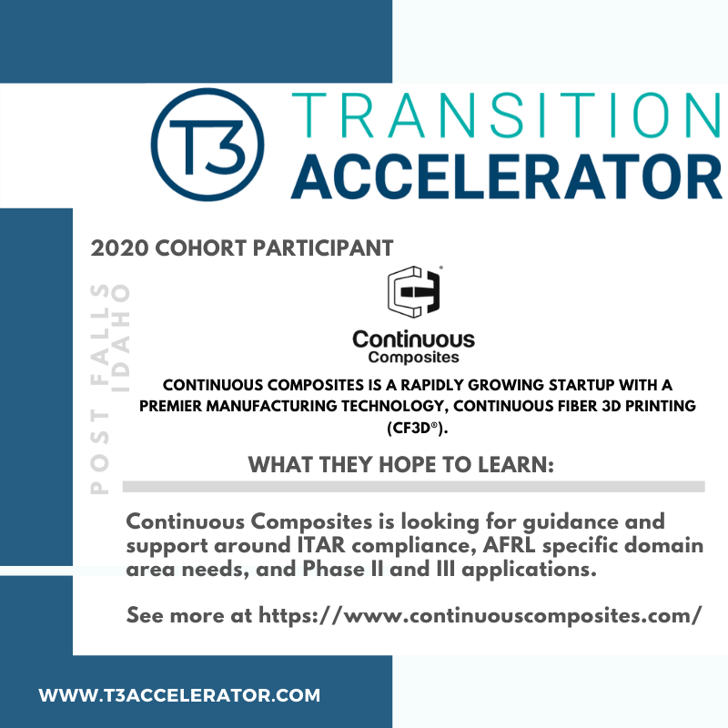 T3Accelerator's tweet photo. This weeks #TuesdayTransition spotlight is @CF3DPrinting, a manufacturing #tech #startup traveling all the way from Coeur d’Alene, Idaho! Talk about dedication! #t3accelerator @AFResearchLab @AF_SBIR_STTR @wbiinnovates @tecdayton https://t.co/6FDGt9ei7s
