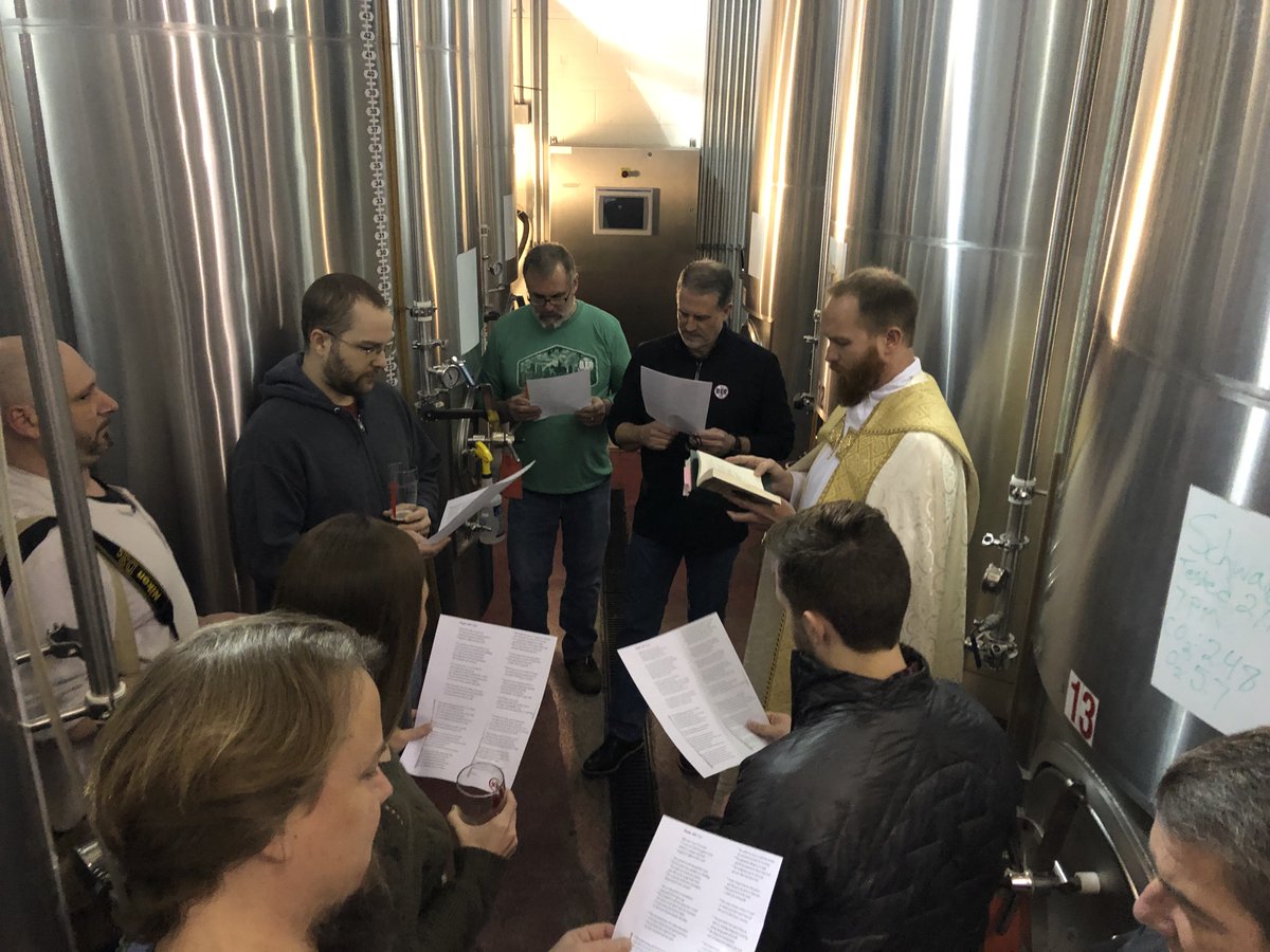 theleavenkc's tweet photo. On Feb. 21, Father Nick Blaha visited @KCBierCo's cellar and packaging hall for the annual "Blessing of Ale," during which he blessed an entire tank of the Doppelbock prior to it being kegged for serving during Lent. @upyetnotnorth #Brewery #Lent #BeerFast https://t.co/LJ6T7Q9YPR