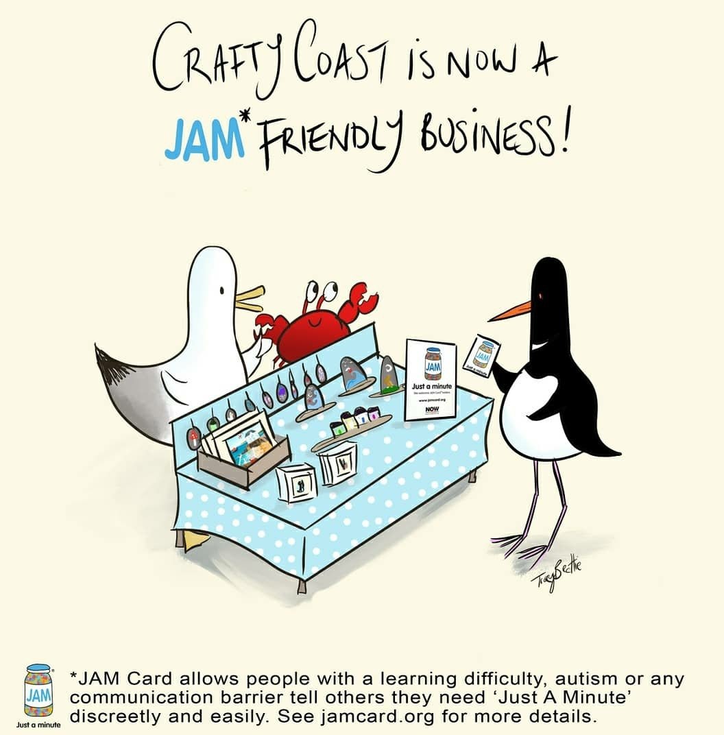 Thanks to <a href="/NOW_Group/">NOW Group</a> &amp; <a href="/CCAGBusiness/">Causeway Coast and Glens Business Support</a> Crafty Coast is now a JAM Card friendly business. A JAM Card allows anyone with any communication barrier to discreetly &amp; easily tell someone they need 'Just A Minute' of time. #JAMcard #JAMcardfriendly #inclusion