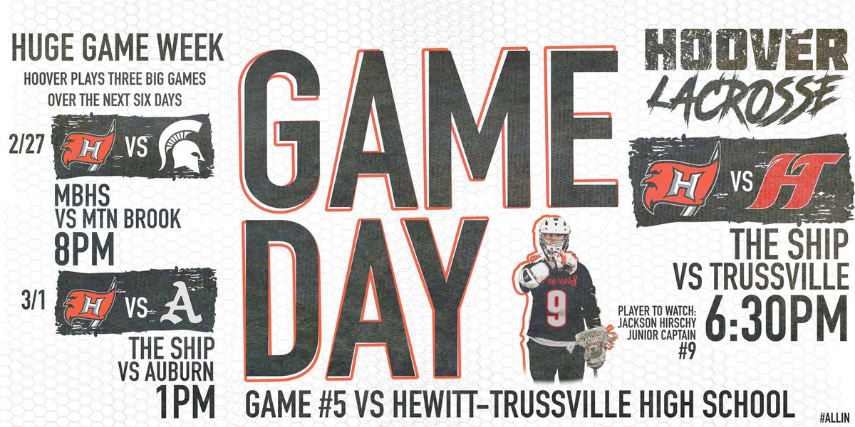 GAMEDAY

🥍: GAME 5 | 2020
🆚: Hewitt-Trussville <a href="/HuskyLacrosse/">Trussville Lacrosse</a> 
📍: Hoover High School
⏰: 6:30pm

#ALLIN #GOBUCS