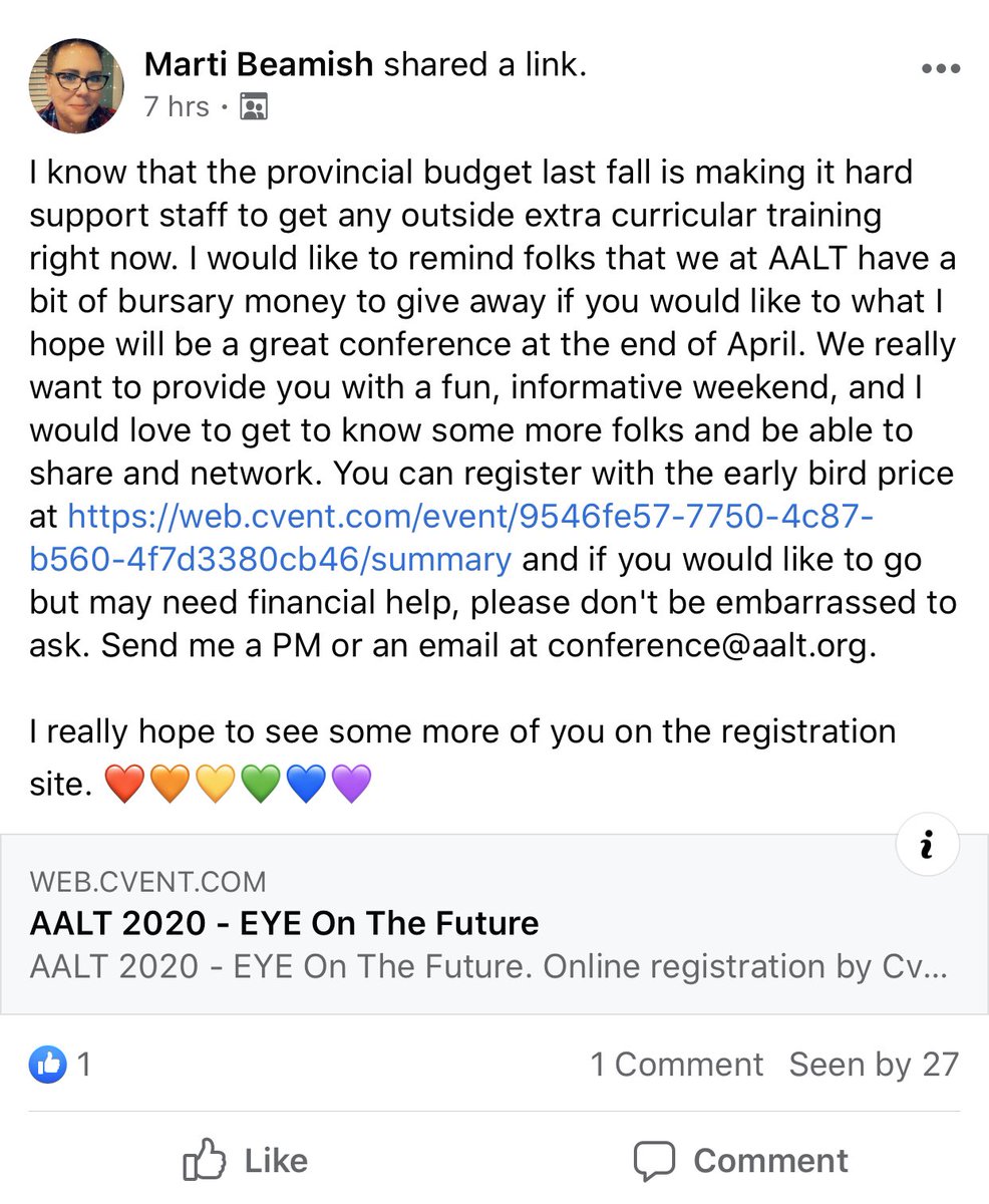 #abschoollts if you’re interested in attending this years <a href="/AALTLibraryTech/">AALT</a> conference, but are worried about costs, please head over to our FB group and reply to Marti’s post or DM her. She may be able to help. #abschoollts #aaltconference2020 #sharingiscaring