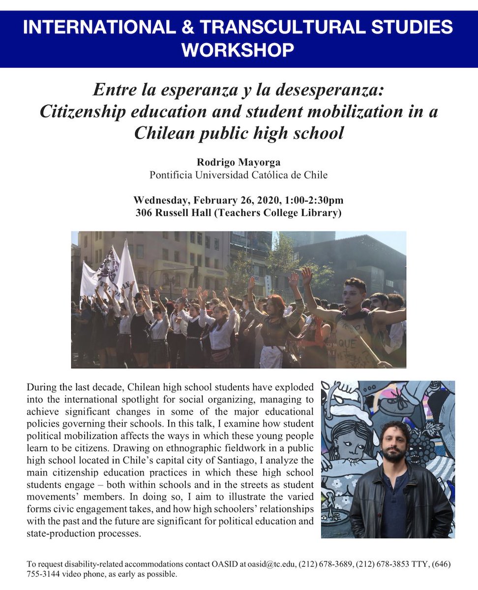 TC_ICeducation's tweet photo. Join us TOMORROW at our next #ITSWorkshop, from 1:00-2:30pm, 306 Russell Hall
Rodrigo Mayorga
Pontificia Universidad Catolica de Chile
"Entre la esperanza y la desesperanza: #Citizenship #education and student #mobilization in a #Chilean public high school"
@TeachersCollege https://t.co/1CTFYytJUP