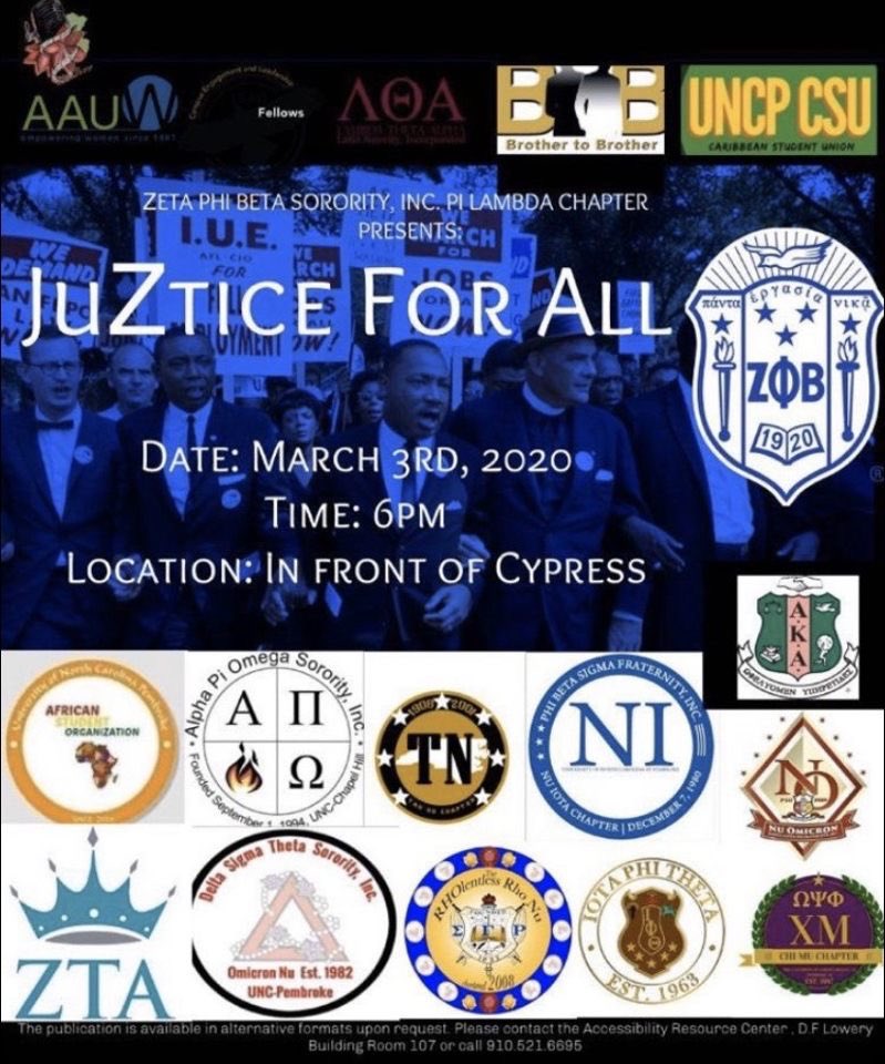 UNCPcsu's tweet photo. Make sure you come out to the JuZtice for All event! Come out and support us as we begin at Cypess. Hope to see you there! https://t.co/WcFGV56VHx