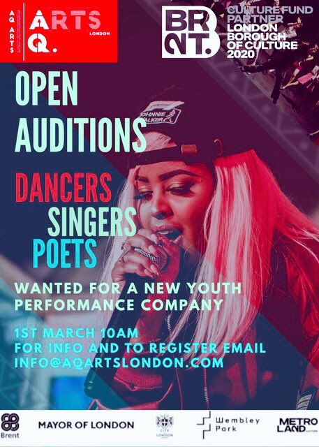 Do you love to #dance, #sing or perform #poetry? Know someone who does!  We have partnered with <a href="/LBOC2020/">Brent 2020, London Borough of Culture</a>  to find talented people between 14-25 for our eclectic, bold, straight taking #Youth Company! 
If you live, work or play in #Brent this is for you! 
bit.ly/2SqeEmA