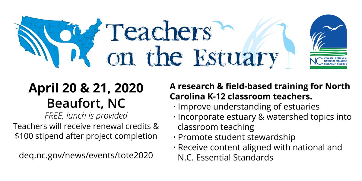 NCReserve's tweet image. Calling North Carolina K-12 #educators - our #TeachersOnTheEstuary workshop is April 20-21 in Beaufort. Experience research &amp;amp; field-based teacher training and receive ready-made lesson plans to promote stewardship of coastal and estuarine ecosystems. #GetMuddy #NERRD #STEM