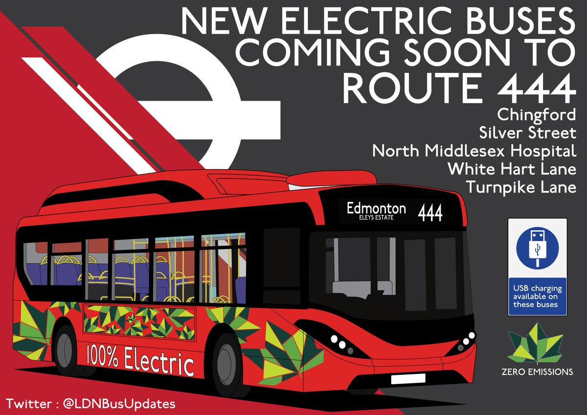 Brand new fully electric buses are coming soon to Route 444! For quieter and environmentally friendly journeys between #TurnpikeLane, #WhiteHartLane, #SilverStreet and #Chingford. These buses are equipped with USB ports ⚡️🚍🔌📱