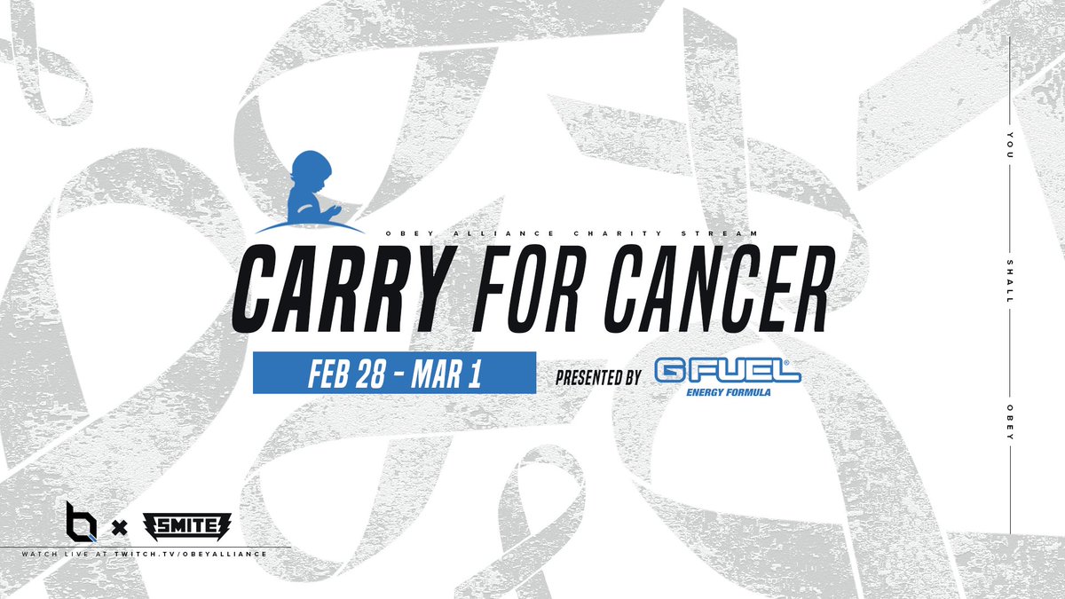ObeyAlliance's tweet photo. Our 3-day charity stream for @StJude presented by @GFuelEnergy starts on Friday at 8AM EST! 

Join us as we raise $5,000 in our fight to defeat childhood cancer. 

#CarryForCancer #YouShallObey https://t.co/WM802U60Lr