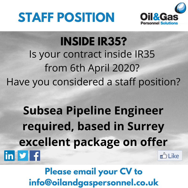 We are looking for Subsea Pipeline Engineers for our client based in Surrey. 
👇   👇   👇
Please submit your CV via bit.ly/CV-to-Oil-and-…
If the above link isn't working you can also email to info@oilandgaspersonnel.co.uk