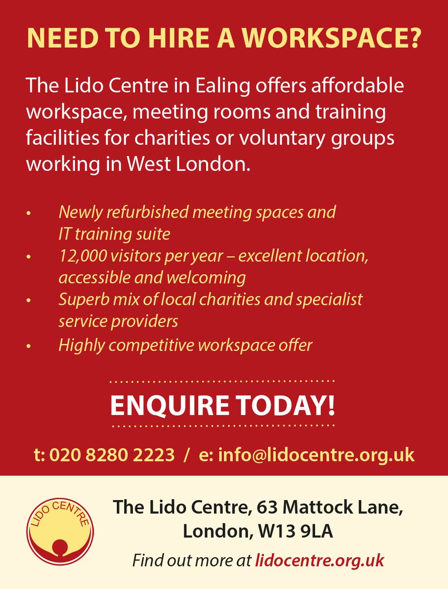 #workspace in West #Ealing 
enquire 0208 280 2223 or e-mail info@lidocentre.org.uk
#ealinghour 
<a href="/EalingCouncil/">Ealing Council</a> <a href="/WENeighbours/">W Ealing Neighbours</a> <a href="/EalingHour/">Ealing Hour</a>
