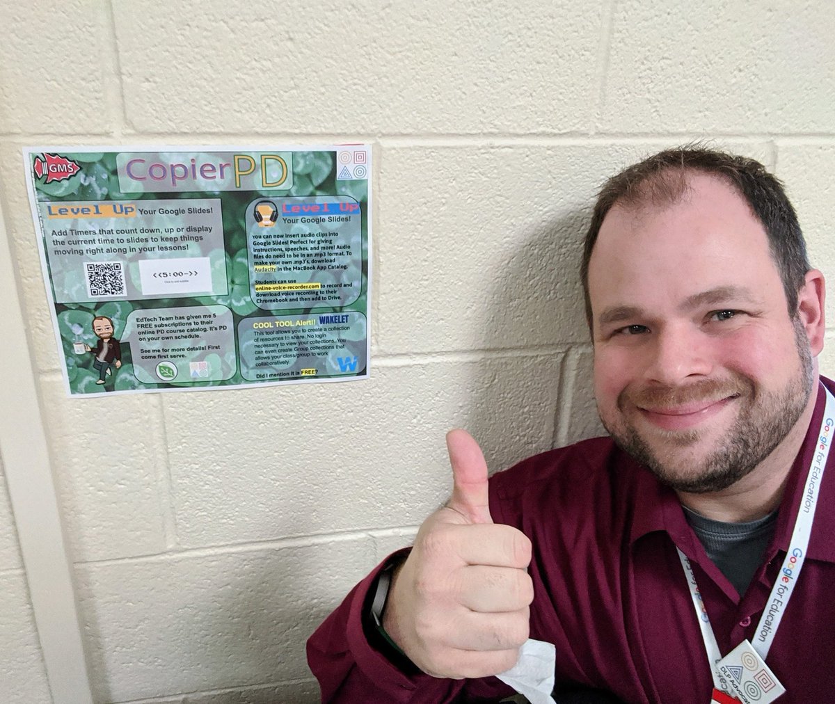 edtech_ology's tweet photo. Trying a new idea...Copier PD to share some tech tips and tricks with teachers! My new favorite tech tip is adding #GoogleSlides timers from @ClayCodes So cool! https://t.co/7JzLKQh0mT