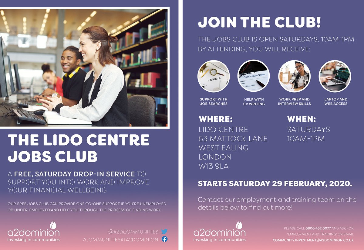 lidocentre's tweet photo. @butterflymoms maybe this is a great time slot to job hunt, drop in and check it out here @lidocentre new weekend employment support offer by @A2DCommunities starting 29th Feb every Saturday 10am - 1pm https://t.co/11DDqSSIcB