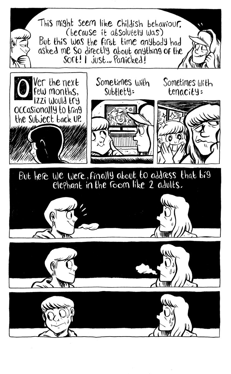 Since I kinda did my soft public coming-out with my recent valentines card to my gf, here's the only 6 pages of an autobio mini comic from 2018 that I have no real time to go back to (and got too scared to work on/post online) featuring a very 2013 Ebes

?️‍??

(Part 1 of 2) 