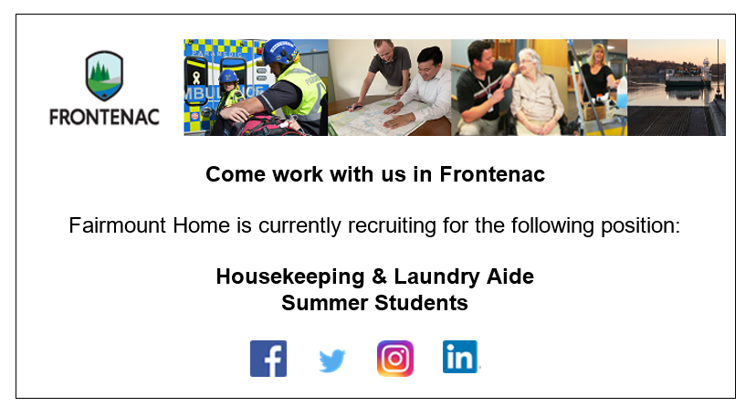 FrontenacCounty's tweet photo. Come work for us at #FairmountHome, our long-term care home. We are recruiting for Housekeeping and Laundry Aide Summer Students.
For details on all available opportunities and how to apply visit our careers section at https://t.co/0XO2HpZkDe
#FrontenacRecruits https://t.co/r1TSE65gW2
