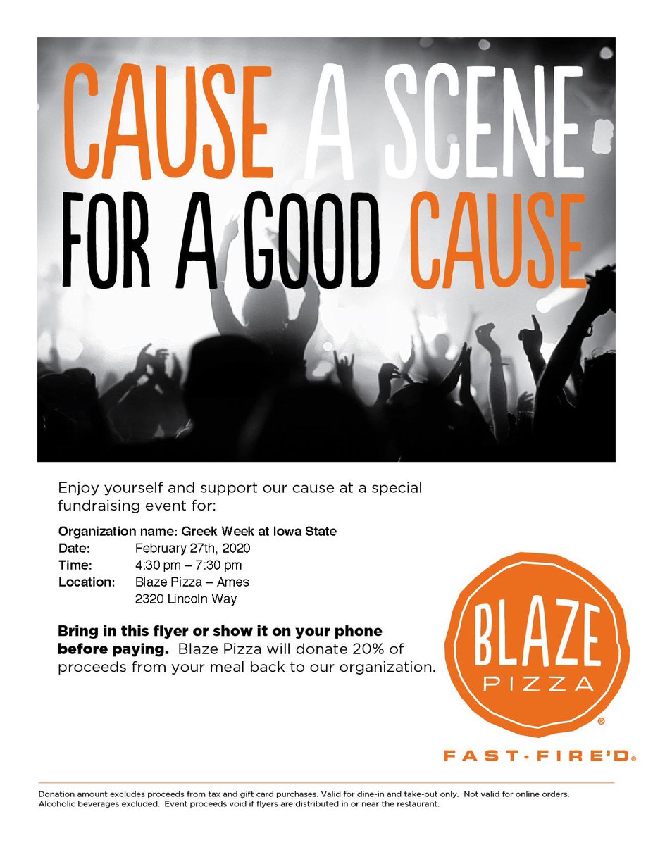 In the mood for pizza this week? Head to Blaze on Thursday for a Greek Week fundraiser. Be sure to show the cashier this flyer and 20% of proceeds will go back to Greek Week! 🍕