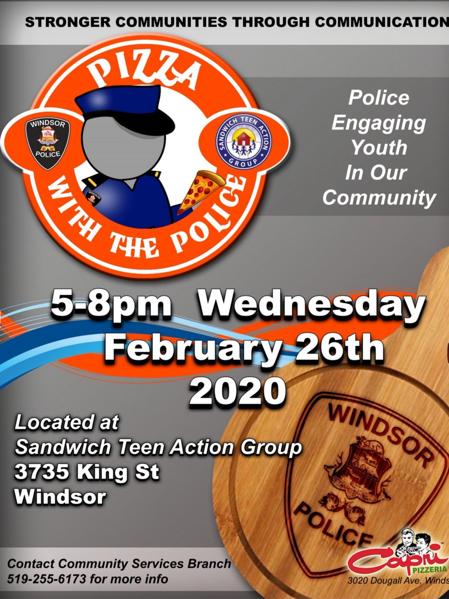WindsorPolice's tweet photo. Who's hungry for some๐with a ๐ฎโโ๏ธ๐ฎโโ๏ธ?
Great opportunity for youth in our community to meet and discuss issues and concerns.
Wednesday February 26, 5-8 PM at Sandwich Teen Action Group, 3735 King Street.
#CopsLearningFromKids
#KidsLearningFromCops https://t.co/4fpxqzpEvN