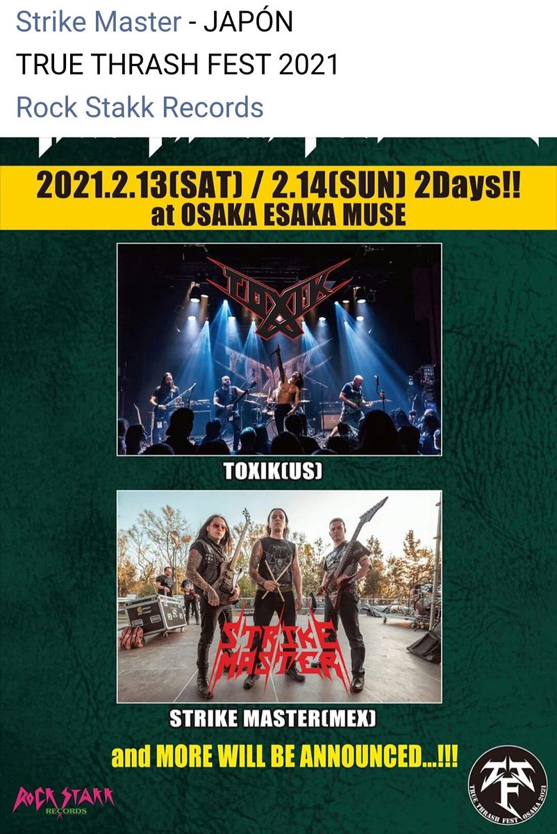 MetalMexicano66's tweet image. Los thrashers mexicanos STRIKE MASTER ya que participarán en el "TRUE THRASH FEST" en Japón pero en el 2021. En un evento que está por confirmar más bandas.
#StrikeMaster #MetalMexicano #ThrashMetal