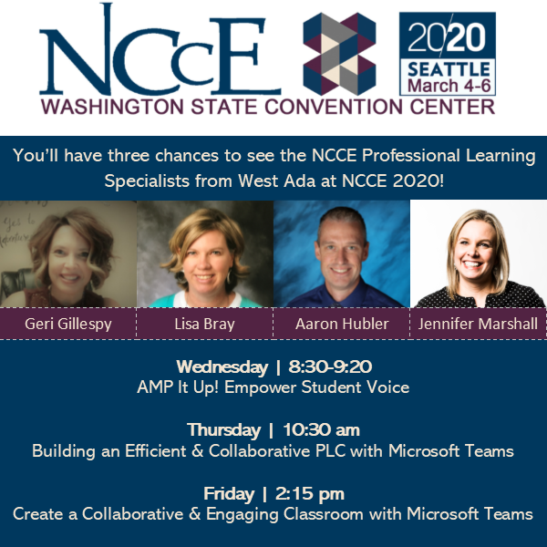 NCCE_EdTech's tweet photo. The #TeamWestAda #fabfour @BrayLisaM @GeriGillespy @HublerAaron and @jenmarshall0806 will join forces for these amazing presentations at #NCCE2020 in Seattle!  Don't miss these excellent NCCE Professional Learning Specialists! #IamNCCE https://t.co/PH15pqYYTV