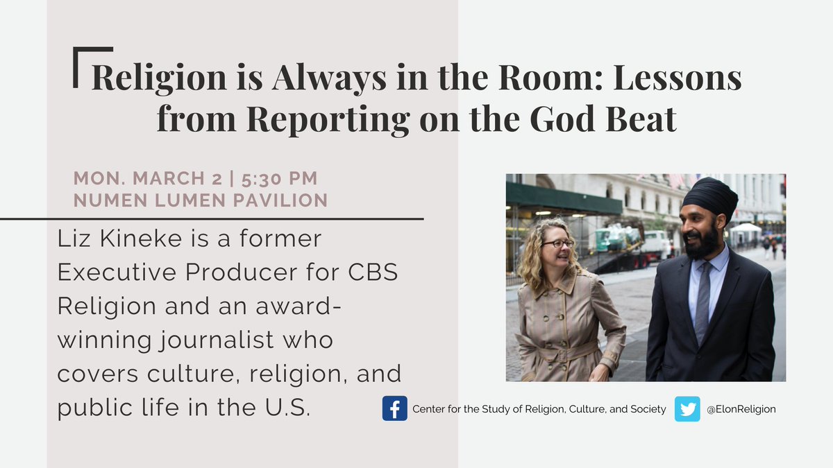 ElonReligion's tweet photo. Hot off the press! Tonight, @lizkineke will visit @elonuniversity for a discussion about religion in journalism. We can't wait to see you at 5:30 in Numen Lumen @eloncomm, @ElonRelS, @ahatcher54, @rocford! https://t.co/annxnzATkP