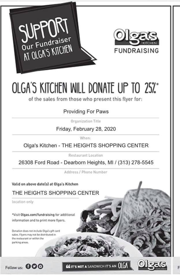 PFPMI's tweet photo. Help our animals while you eat great food!!! Join us at Olga’s for a fundraiser. Up to 25% of sales will be donated. Please Share! #olgas #fundraising #pfp #pfpteam #pfpmi https://t.co/sngWXlPc1W