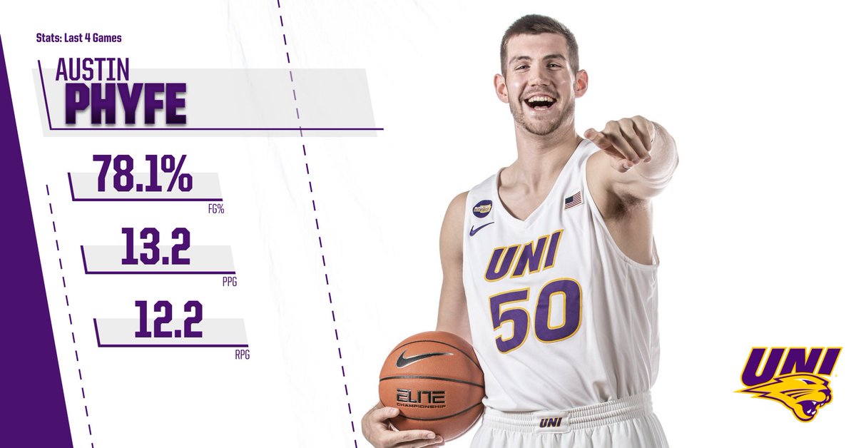 UNImbb's tweet photo. Over the last four games Austin Phyfe has averaged a double-double while making 78.1% of his field goal attempts!

#UNIFight https://t.co/zl7tS2Bcs8