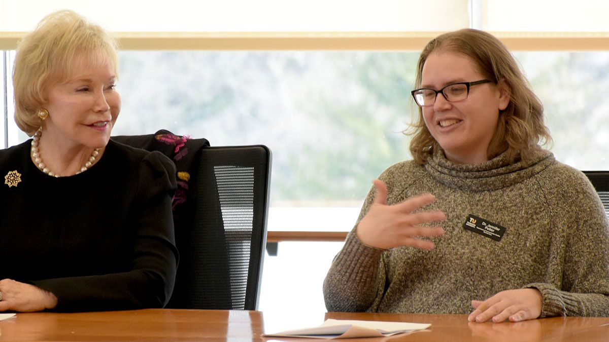 TUpartnerships's tweet photo. This morning @drjenpotter led a discussion on effective communications for the @TowsonU Women's Leadership Collective. Thank you to President @kimschatzel and Dr. Nancy Grasmick for your support of this partnership. #TUproud #BTUatWork https://t.co/8evPCJZ4lA