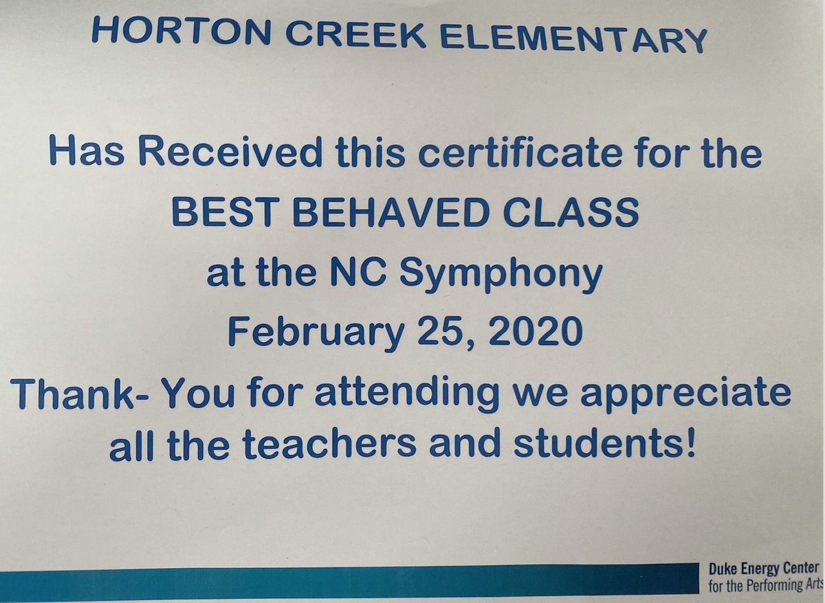 Way to go 4th graders at Hortons Creek Elementary. Today we attended the NC Symphony and our students were rewarded BEST BEHAVED CLASS!! We are all very proud of our students for exemplifying SPECTACULAR BEHAVIOR &amp; RESPECT!!