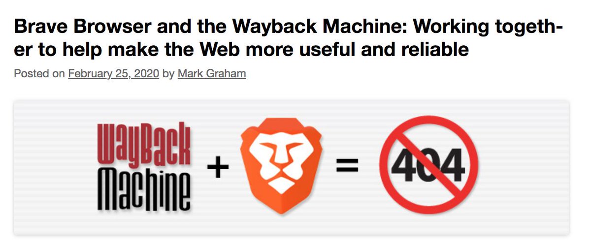 brave's tweet photo. Today's desktop update (1.4.95) features a Chromium upgrade (80.0.3987.122), various fixes, and the ability to look up an archived web page using the @internetarchive's @waybackmachine (which has archived more than 900 billion URLs!) Details here: https://t.co/Ki3YeF25nb https://t.co/7xIzgyPOnz