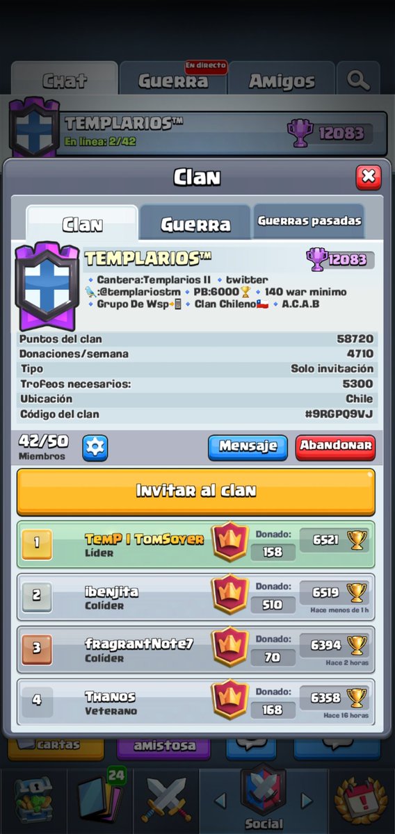 RECLUTANDO
⚔Templarios 🛡
☠️Min 130 war ⚔️
💀PB:6000🏆 
☠️Rey 👑 12-13/
💀jugamos 24/7 las war 🔫
⚫IMPORTANTE 
Tengo cupo para 3 coolideres Que me cooperen en las tareas del clan