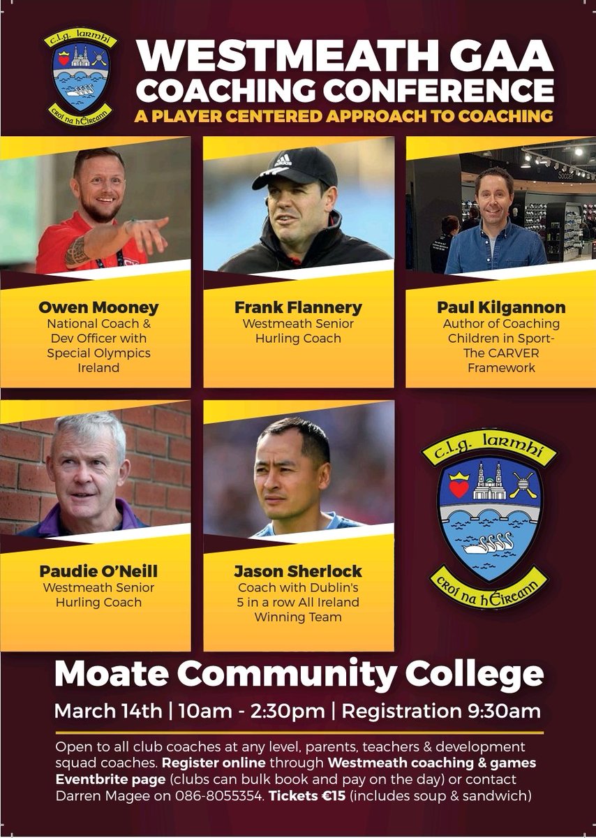 With 18 days left to go for the <a href="/westmeath_gaa/">Westmeath GAA</a> coaching conference we only have 12 tickets remaining. Don't miss out by booking your place in the link below.

eventbrite.ie/e/westmeath-ga…