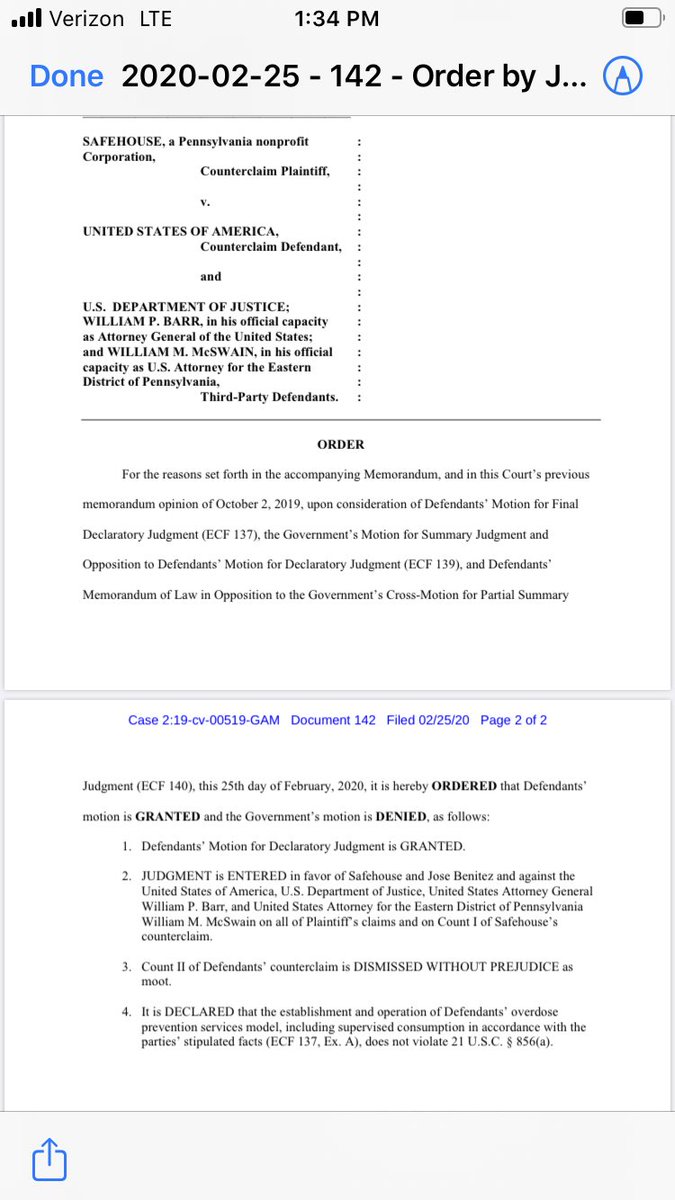 HOT OFF THE PRESSES. Motion by ⁦<a href="/SafehousePhilly/">Safehouse</a>⁩ for declaratory judgment is granted — providing green light for nation’s first overdose prevention site to move forward. Let’s hope further obstacles are not put in the way of saving lives and promoting #HarmReduction
