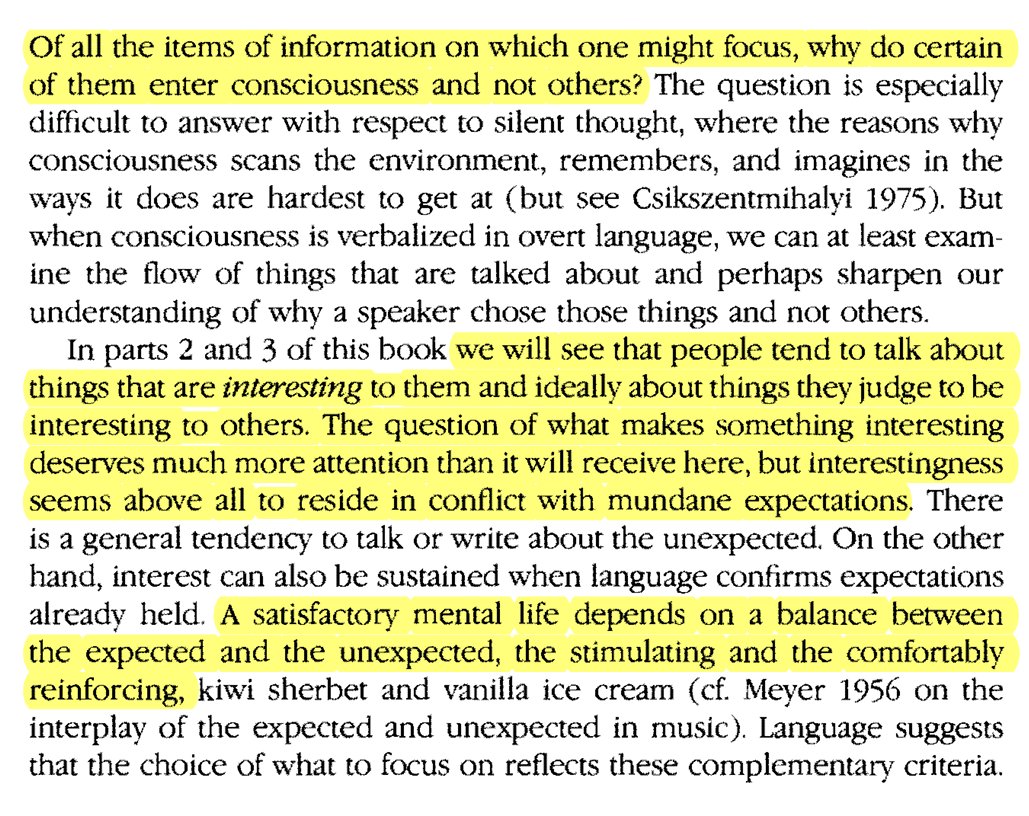 jamreilly's tweet photo. "A satisfactory mental life depends on a balance between the expected and the unexpected, the stimulating and the comfortably reinforcing" (Wallace Chafe, 1994) https://t.co/PFXB9ZXXhS