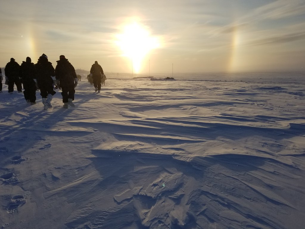 Ottoverse's tweet photo. International and Canadian Students and College Staff took a walk near Resolute Bay today! It was a balmy -39°C with windchill! This picture demonstrates a good example of a Sun Dog! @CAF_College #JCSP46 #missioncommandcfc https://t.co/PH08OUFs3A