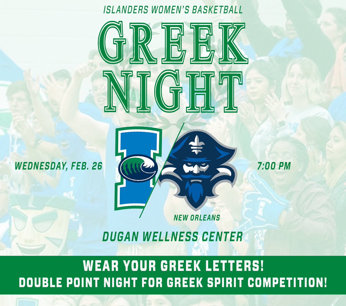 GREEK NIGHT!🗣
Be sure to wear your letters at tomorrow’s women’s basketball game and have the chance to take the lead in our Greek Spirit Competition! 
📍: D.W.C
⏱: 7:00 PM
🆚: New Orleans

SEE YOU AT THE GAME🏀 #ShakasUp🤙 #TAMUCC