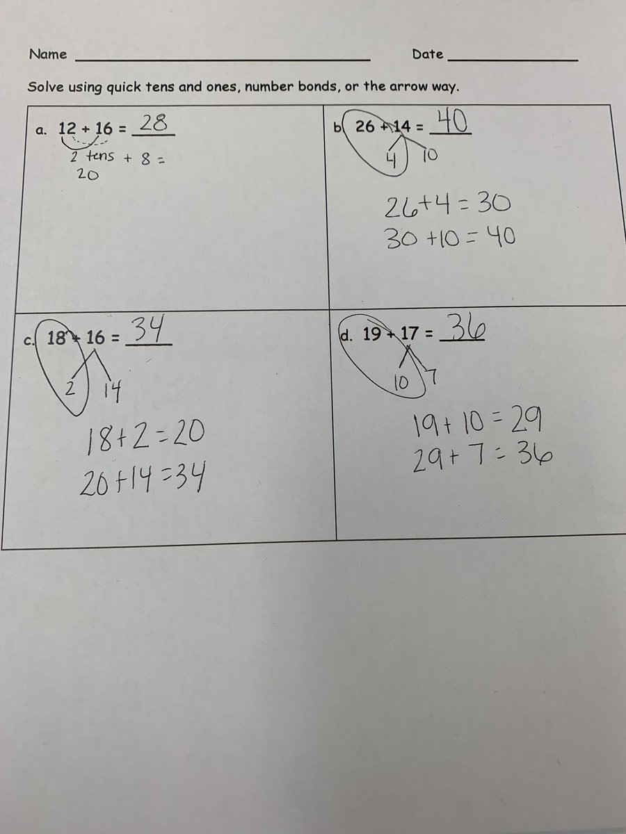 We can add two digit numbers the quick tens way and the number bond way. I posted these along with videos explaining this process to my classroom Facebook page to help parents understand what their kids are learning! <a href="/eureka_math/">Eureka Math</a> #ginwvikings