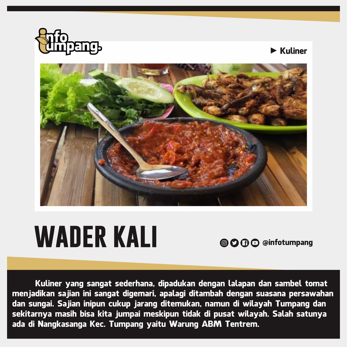 Halo Nawak, info kuliner mengenai Wader Kali.
__ 
eberapa sering nawak-nawak menikmati sajian ini, dan tag teman nawak-nawak yang sangat menggemari sajian ini?Tulis di kolom komentar >>>>>>>
#infotumpang #infottpwj