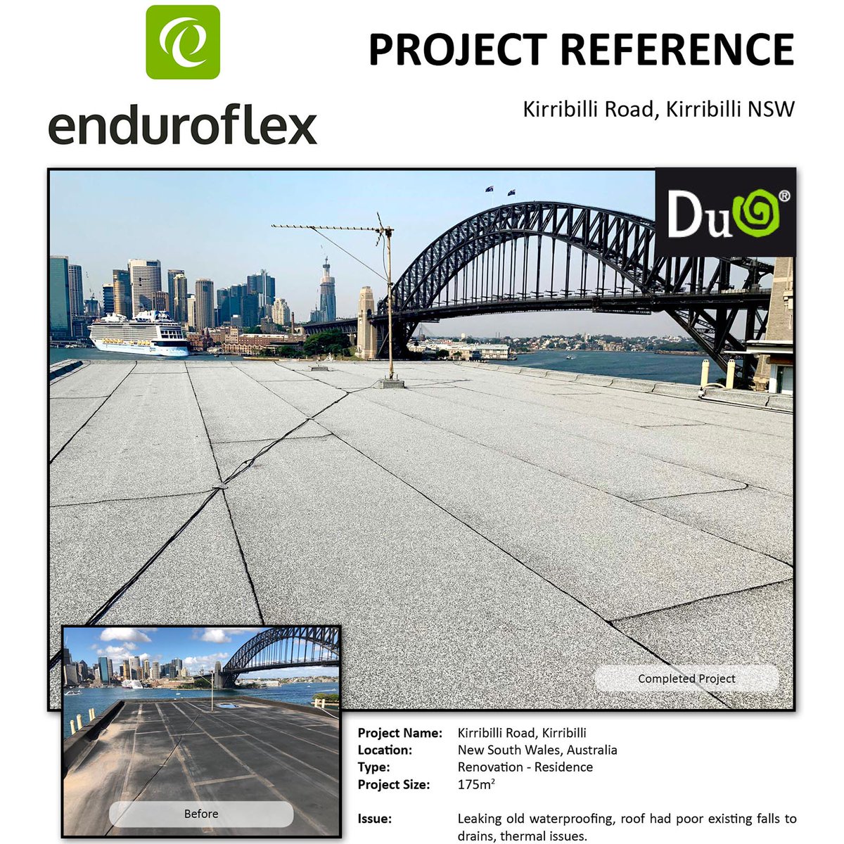 CASE STUDY | Kirribilli Road, Kirribilli

The Enduroflex Team had a great view with this project! See how Enduroflex solved this issue…

READ MORE: …a-45fe-87bd-41470666259e.filesusr.com/ugd/b55da0_5f4…

#enduroflex #warmroof #waterproofingsystems #sydney #kirribilli #casestudy #costeffective #energysaving